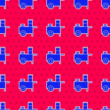 Mavi Fast Street yemek arabası ikonu kırmızı arka planda izole edilmiş pürüzsüz desen. Şehir büfesi. Vektör İllüstrasyonu.