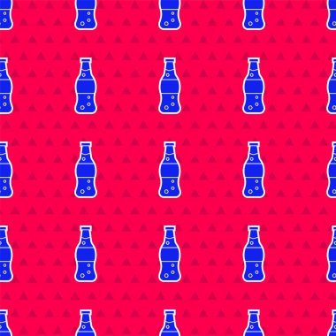 Mavi su ikonu şişesi kırmızı arkaplanda izole edilmiş pürüzsüz desen. Soda su içme tabelası. Vektör İllüstrasyonu.