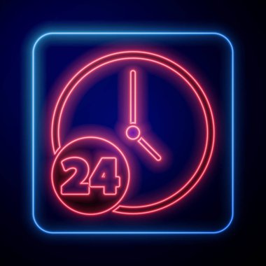 Parlayan neon saat mavi arkaplanda 24 saatlik bir simge izole edildi. Tüm gün döngü simgesi. 24 saat hizmet sembolü. Vektör İllüstrasyonu.