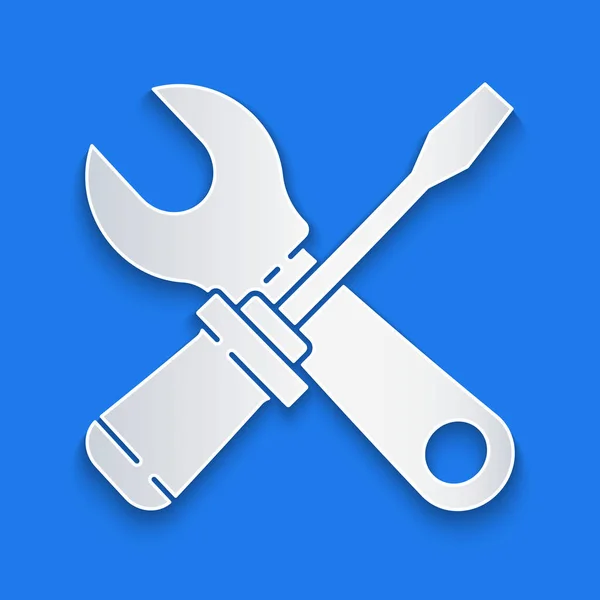 Paper Cut Screwdriver Wrench Spanner Tools Icon Isolated Blue Background — Stock Vector