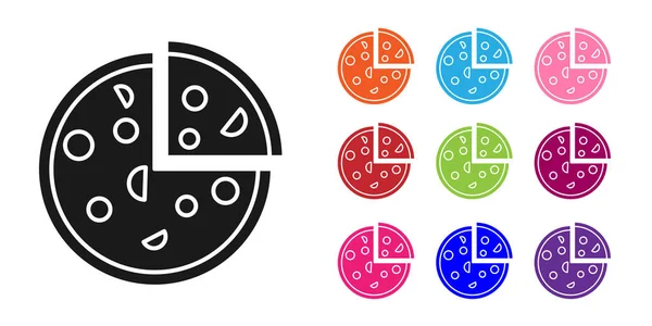 Černá Pizza Ikona Izolované Bílém Pozadí Rychlé Občerstvení Nastavit Barevné — Stockový vektor