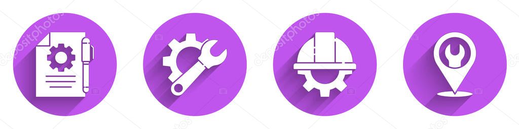 Set Document settings and pen, Wrench spanner and gear, Worker safety helmet and gear and Location with wrench spanner icon with long shadow. Vector.