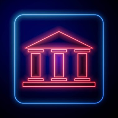 Parlayan neon müze ikonu mavi arka planda izole edildi. Vektör İllüstrasyonu.