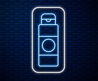 Parlayan neon hattı kremi ya da losyon kozmetik tüp ikonu tuğla duvar arka planında izole edilmiş. Erkekler için vücut bakım ürünleri. Vektör İllüstrasyonu.