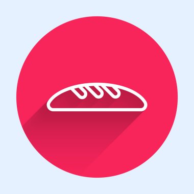 Beyaz çizgi ekmek simgesi uzun gölgeli izole edilmiş. Kırmızı daire düğmesi. Vektör İllüstrasyonu.