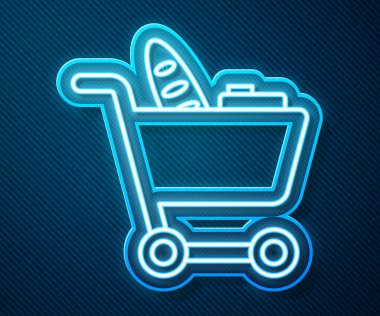 Parlayan neon hattı alışveriş arabası ve mavi arka planda izole edilmiş yiyecek ikonu. Yiyecek dükkanı, süpermarket. Vektör İllüstrasyonu.