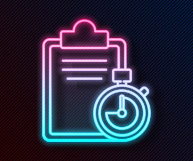 Parlayan neon hattı iletim listesi simgesinin doğrulanması siyah arkaplanda izole edildi. Vektör İllüstrasyonu.