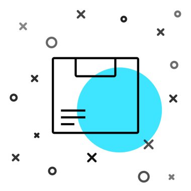 Siyah çizgi karton kutu simgesi beyaz arkaplanda izole edildi. Kutu, paket, paket işareti. Teslimat ve ambalaj. Rastgele dinamik şekiller. Vektör İllüstrasyonu.