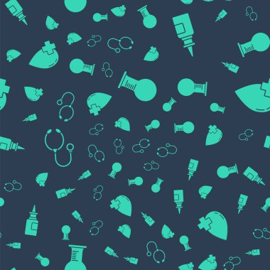 Test tüpü ve matara, şişe burun spreyi, steteskop ve kan bağışı ayarlayın. Vektör.