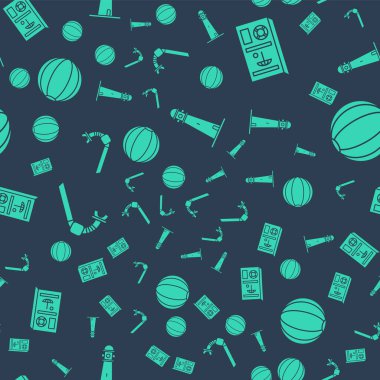 Deniz feneri, seyahat broşürü, şnorkel ve plaj topunu pürüzsüz bir şekilde ayarla. Vektör.