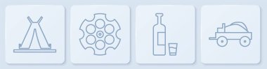 Kızılderili çadırı ya da çadır, viski şişesi ve cam, Revolver silindiri ve Vahşi Batı vagonu. Beyaz kare düğme. Vektör.