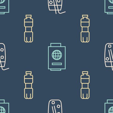 Kokteyl ve alkollü içecek, bir şişe su ve pasaport ve bilet ayarlayın. Vektör.