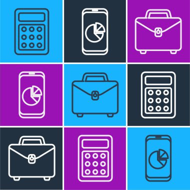 Satır Hesap Makinesi, Evrak Çantası ve Cep Telefonu 'nu grafik çizelgesi simgesiyle ayarla. Vektör.