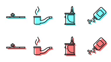 Elektronik sigara, afyon piposu, tüttürme piposu, ilaç şişesi ve hap ikonu. Vektör.