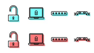 Hat parola koruması, asma kilit, dizüstü bilgisayar ve kilit ve Hırsız göz maskesi simgesi. Vektör.