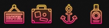Anchor, SMS Otel, Bavul ve Güneş kremi şişeli imza panosu. Parlayan neon ikonu. Vektör.