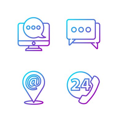Telefon hattını 24 saat destekle, konumu, postası ve e-postası, sohbet mesajları bildirimini monitörde ve konuşma baloncuğu sohbetinde ayarla. Renk simgeleri. Vektör.