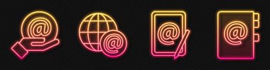 Posta ve e-posta hattını ayarlayın. Posta ve adres defteriyle birlikte Dünya küresi. Parlayan neon ikonu. Vektör.
