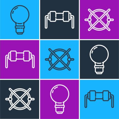 Fikir kavramına sahip çizgi lambası, elektrik devresi şeması ve Direniş elektrik ikonu. Vektör.