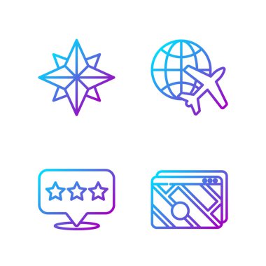 Şehir haritası navigasyonunun çizgi bilgilerini ayarla, yıldızlı harita işaretleyicisi, Rüzgar yükseldi ve uçan uçakla Globe. Renk simgeleri. Vektör.