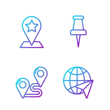 Globe hattını uçuş uçağı, rota konumu, yıldız ve Push pimi olan harita işaretleyicisi ile ayarla. Renk simgeleri. Vektör.