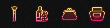 Debriyaj çantası, makyaj fırçası, bir şişe şampuan, sünger, krem ya da losyon kozmetik tüpü. Parlayan neon ikonu. Vektör.