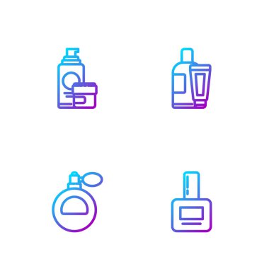 Tırnak cilası şişesi, parfüm, krem ya da losyon kozmetik tüpü ve... Renk simgeleri. Vektör.