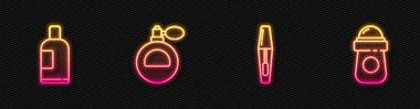 Mascara fırçası, bir şişe şampuan, parfüm ve terletici deodorant rulosu. Parlayan neon ikonu. Vektör.