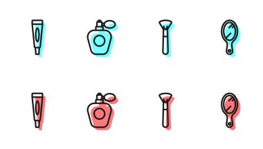 Makyaj fırçası, krem ya da losyon kozmetik tüpü, parfüm ve el aynası ikonu ayarla. Vektör.