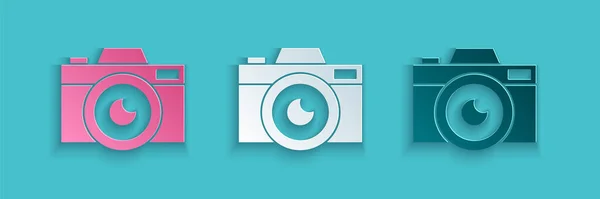 Papiergeschnittene Fotokamera Ikone Isoliert Auf Blauem Hintergrund Ikone Der Fotokamera — Stockvektor