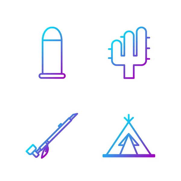 Set Line Tipi Indien Wigwam Amérindien Pipe Fumer Bullet Cactus — Image vectorielle