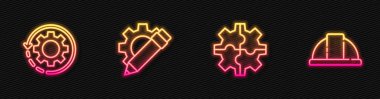 İniş takımları ve okları iş akışı, kalem teçhizatı ve işçi kaskı olarak ayarlayın. Parlayan neon ikonu. Vektör.
