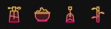 Sıralı çay poşeti, parfüm, kâsede deniz tuzu ve yapraklı bambu sapı. Parlayan neon ikonu. Vektör.