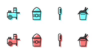 Kızarmış sosis, Fast Street yemek arabası, kutuda patlamış mısır ve Asya eriştesi ve yemek çubuğu ikonu. Vektör.