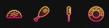 Kızarmış sosis, tortilla soslu taco, tavuk budu ve çörek. Parlayan neon ikonu. Vektör.