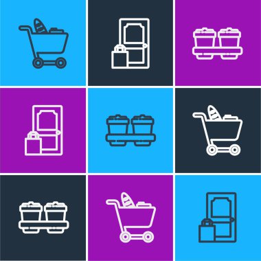 Alışveriş arabası, yiyecek, kahve fincanı ve internetten sipariş ikonu. Vektör.