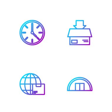 Depo, dünya çapında nakliye ve kutu, saat ve karton karton. Renk simgeleri. Vektör.