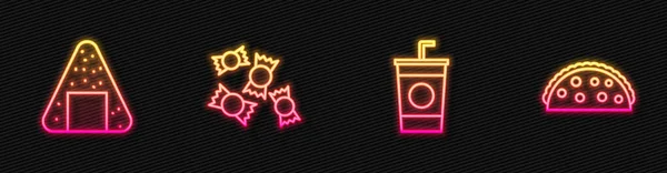 设置线纸杯与稻草 Onigiri 糖果和Taco玉米饼 发光的霓虹灯图标 — 图库矢量图片