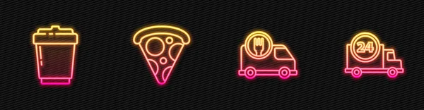 Hızlı Teslimat Paket Kahve Kupası Dilimlenmiş Pizza Parlayan Neon Ikonu — Stok Vektör