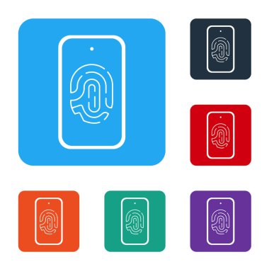 Beyaz arkaplanda izole edilmiş parmak izi tarayıcı simgesine sahip beyaz akıllı telefon. Güvenlik kavramı, cep telefonundan kişisel erişim. Renkli kare düğmelerle simgeleri ayarla. Vektör.