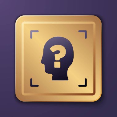 Mor Yüz tanıma simgesi mor arkaplanda izole edildi. Yüz tanımlama simgesi. Yüz tanıma. Siber güvenlik kavramı. Altın kare düğme. Vektör.