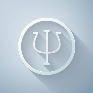Kağıt kesiği, gri arka planda izole edilmiş Psikoloji ikonu. Psi sembolü. Akıl sağlığı konsepti, psikanaliz analizi ve psikoterapi. Kağıt sanatı tarzı. Vektör.