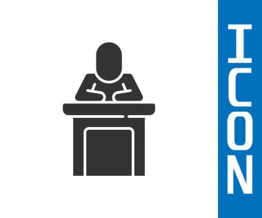 Gri Sözcü simgesi beyaz arkaplanda izole edildi. Ben Tribün 'den hatip. Halka açık konuşma. Kürsüde biri var. Vektör.