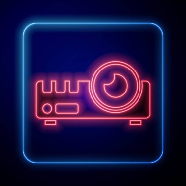 Parlayan neon sunumu, film, film, medya projektör ikonu mavi arkaplanda izole edildi. Vektör.
