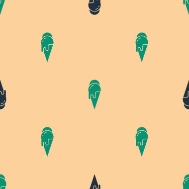 Waffle konisi ikonunda yeşil ve siyah dondurma bej arka planda izole edilmiş pürüzsüz desen. Güzel sembol. Vektör.