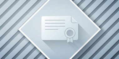 Kağıt kesiği Sertifika şablon simgesi gri arkaplanda izole edildi. Başarı, ödül, diploma, burs, diploma kavramları. Kağıt sanatı tarzı. Vektör.