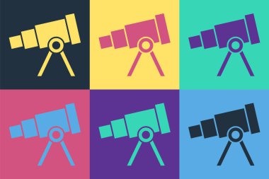 Pop Art Teleskop simgesi renk arkaplanında izole edildi. Bilimsel bir alet. Eğitim ve astronomi elementi, dürbün ve çalışma yıldızları. Vektör.