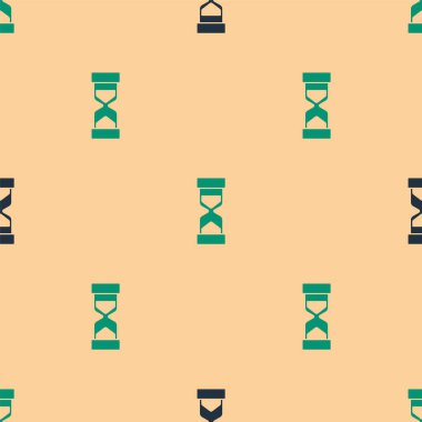 Yeşil ve siyah kum ikonlu kum saati bej arka planda izole edilmiş. Kum saati işareti. İş ve zaman yönetimi kavramı. Vektör.