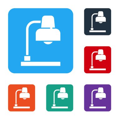 Beyaz masa lambası simgesi beyaz arkaplanda izole edildi. Renkli kare düğmelerle simgeleri ayarla. Vektör.
