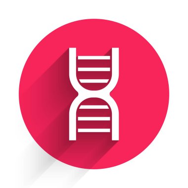 Beyaz DNA sembolü uzun gölgeli izole edilmiş. Kırmızı daire düğmesi. Vektör.